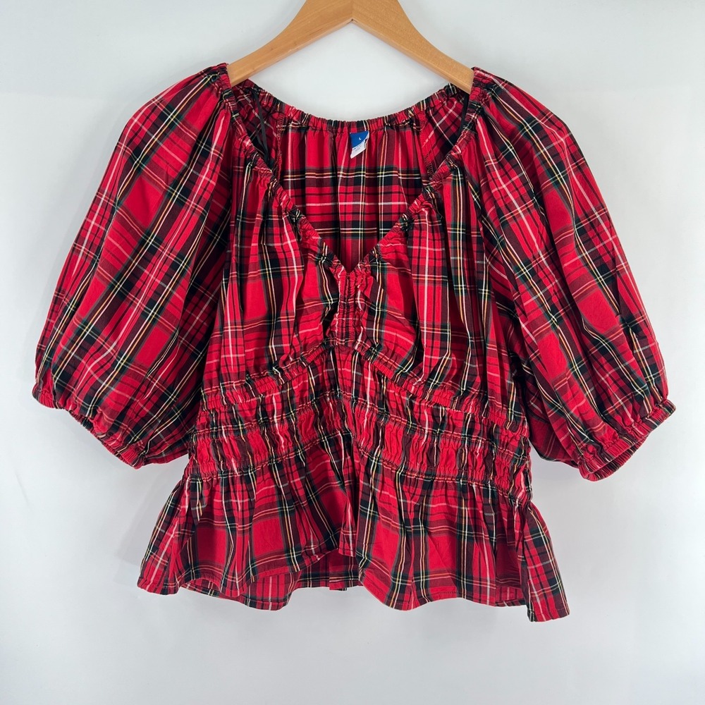 OLD NAVY Red Tartan Plaid Smocked Peplum Blouse Puff Sleeve Cottage  Holiday L